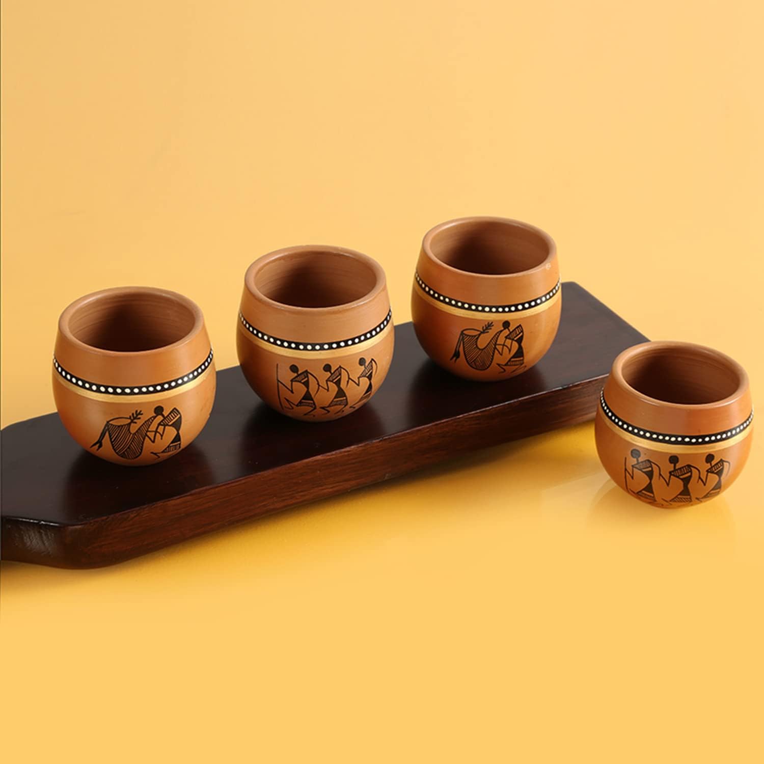 ExclusiveLane 'Warli' Clay Terracotta Kullad Cups Set (Set of 4, 220 ml, Microwave Safe, Handpainted, Brown) | Kulhad Cups Kulhad Tea Cups Set Chai Kullad for Tea Cup Chai Cup Kulhad Cups Mitti