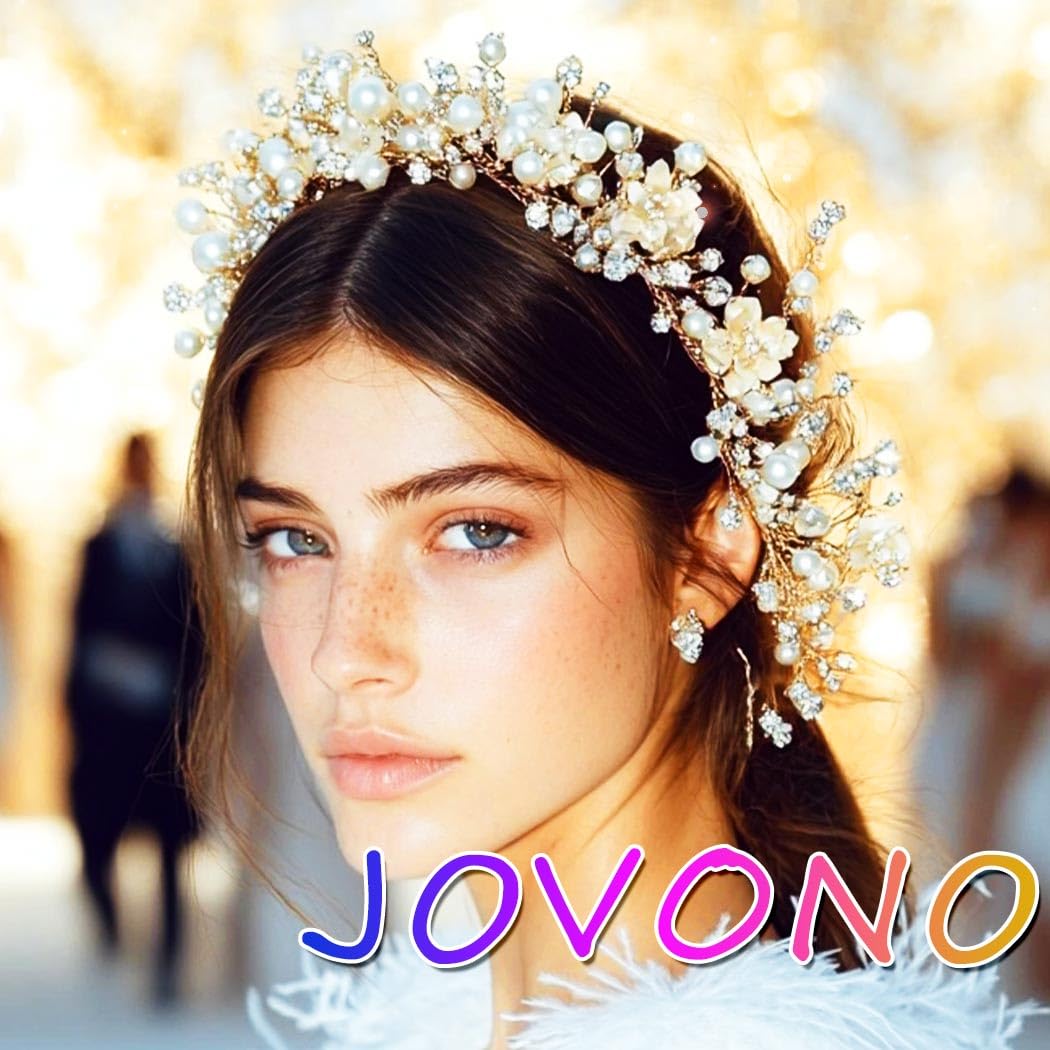 Jovono Light Up Pearl Bride Wedding Headbands Gold LED Flower Bridal Headpiece Leaf Hair Accessories for Women (White, Free size) - Image 3