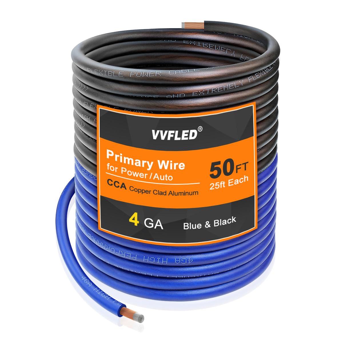 VVFLED 4 Gauge CCA Wire, 25ft Black + 25ft Blue Automotive Power Ground Wiring for Car Audio, Battery Cable, Welding, RV, RC, Trailer, Speaker, Amp, 12V Wire Electric Cable