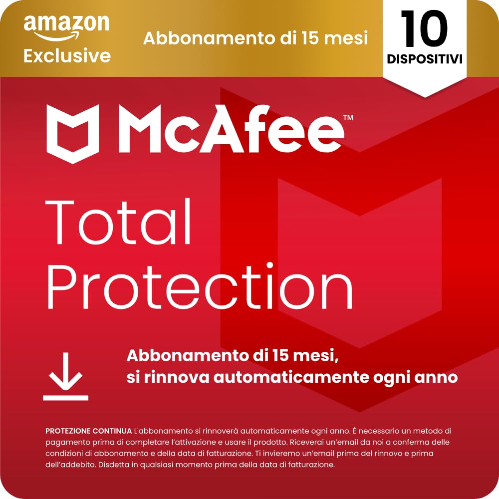 McAfee Total Protection - 10 Dispositiv 2026, 15 mesi, Esclusiva Amazon | Antivirus, VPN gestore delle password, software di sicurezza| Abbonamento con rinnovo automatico, Scarica