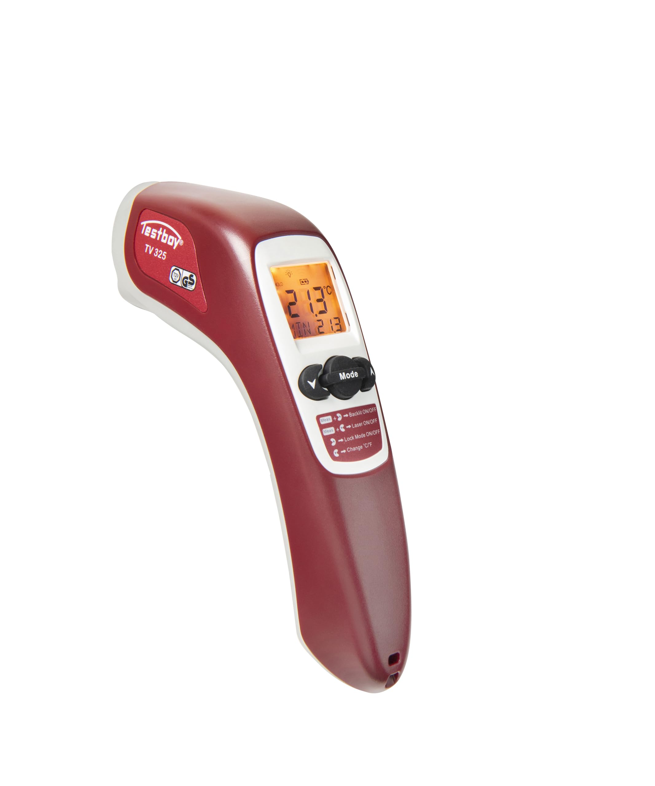 Termometro a infrarossi Testboy TV 325 con valore di emissione regolabile (memoria valore min/max/funzione di allarme, emissività regolabile, sensore di tipo K), rosso/grigio