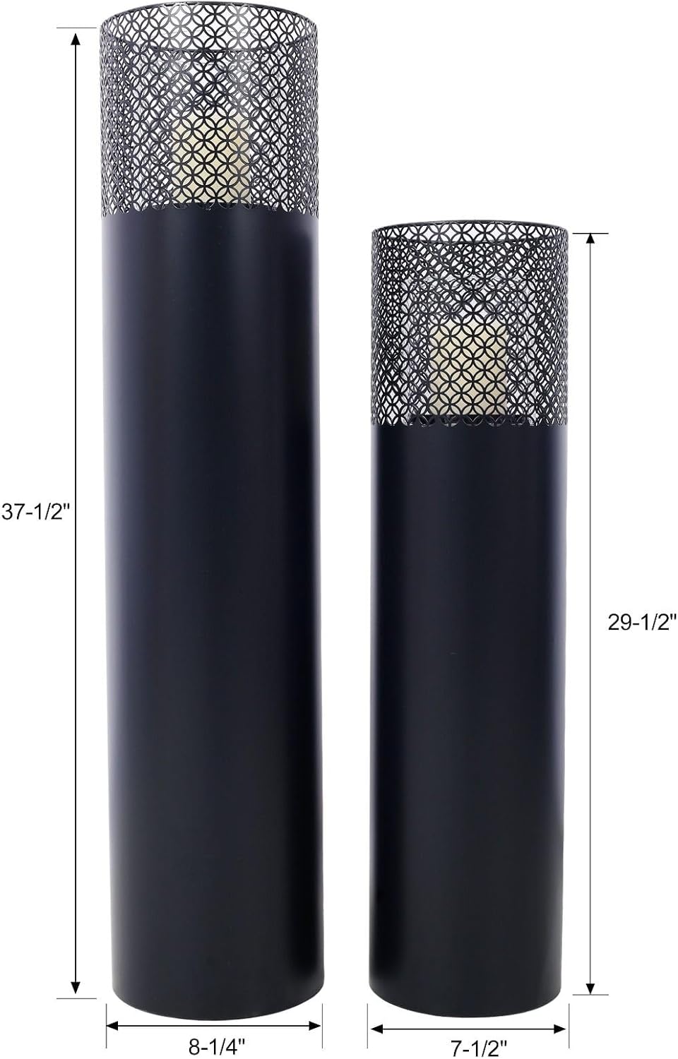 Set of 2 Metal Cylindrical Lanterns with Mesh Top Design, Tall Decorative Candle Holders, Indoor/Outdoor Industrial Design Decorative Fire Pillars, Black