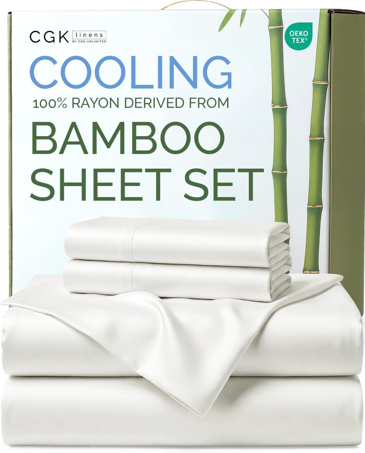 100% Rayon Derived From Bamboo - Bamboo Sheets Queen Size - White | Cooling Sheets for Hot Sleepers, Soft, Breathable Hotel Bedding, 1 Flat & 1 Fitted & 2 Pillowcases w/ 16 Inch Deep Pockets