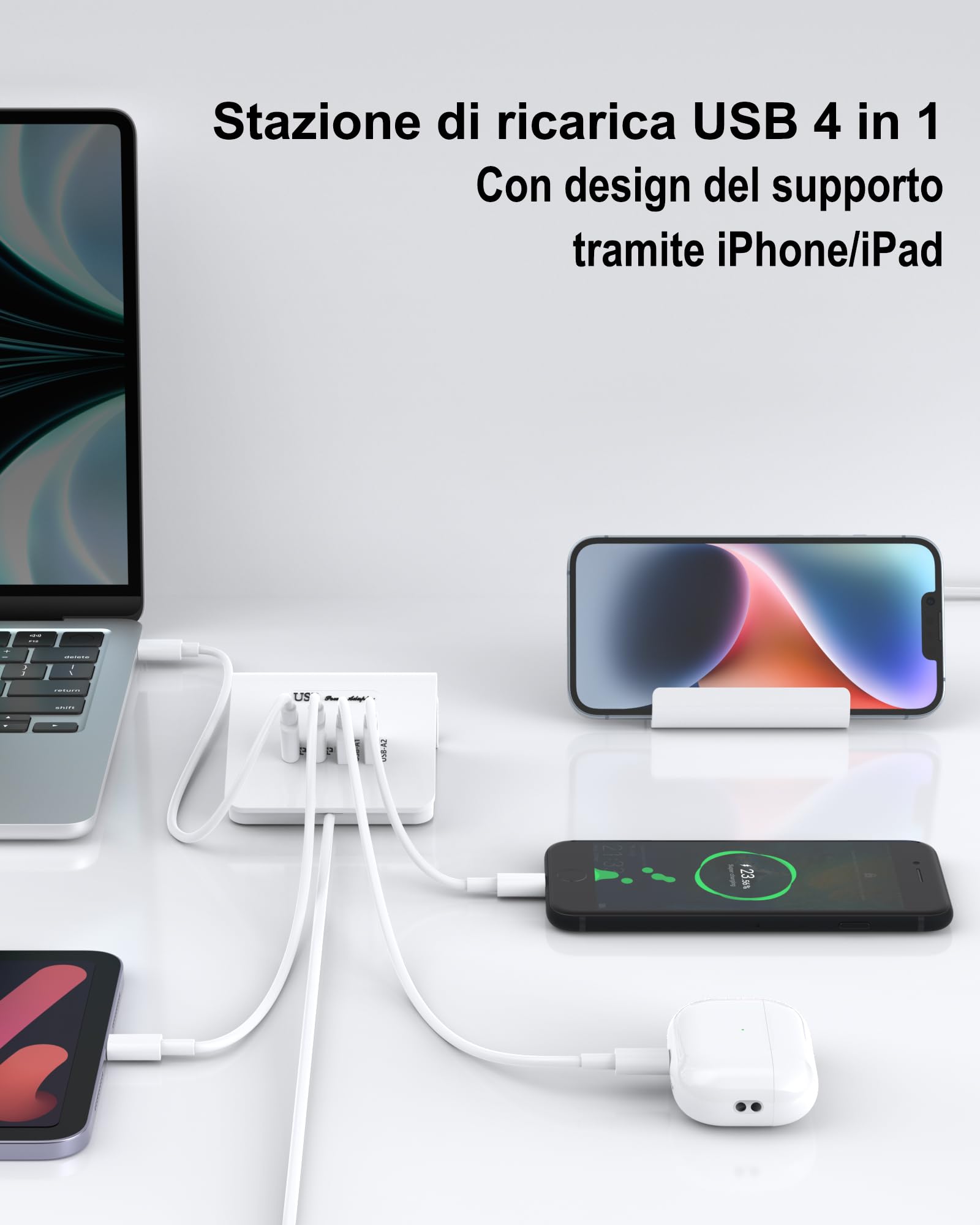 WUKUR Stazione di Ricarica USB C Multipla 45W Caricatore USB Multiplo 4 Port Caricabatterie PD Carica Rapida per iPhone Pad Galaxy Samsung Airpods Pixel Iwatch Redmi (Bianco 45W)