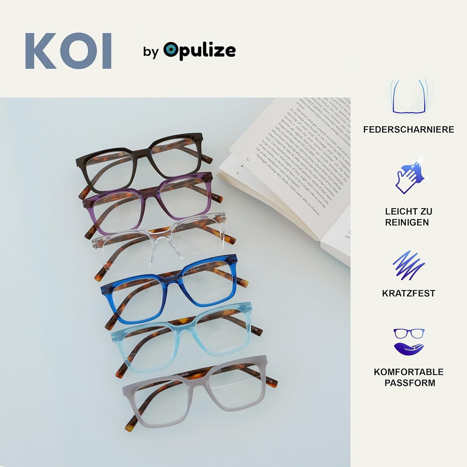 OPULIZE KOI Gafas de Lectura - Elegante Marco Rectangular Ancho - Visión Óptima - Negro - Hombre Mujer - Bisagras de Muelle - R50-1 - +1.00 — view 4