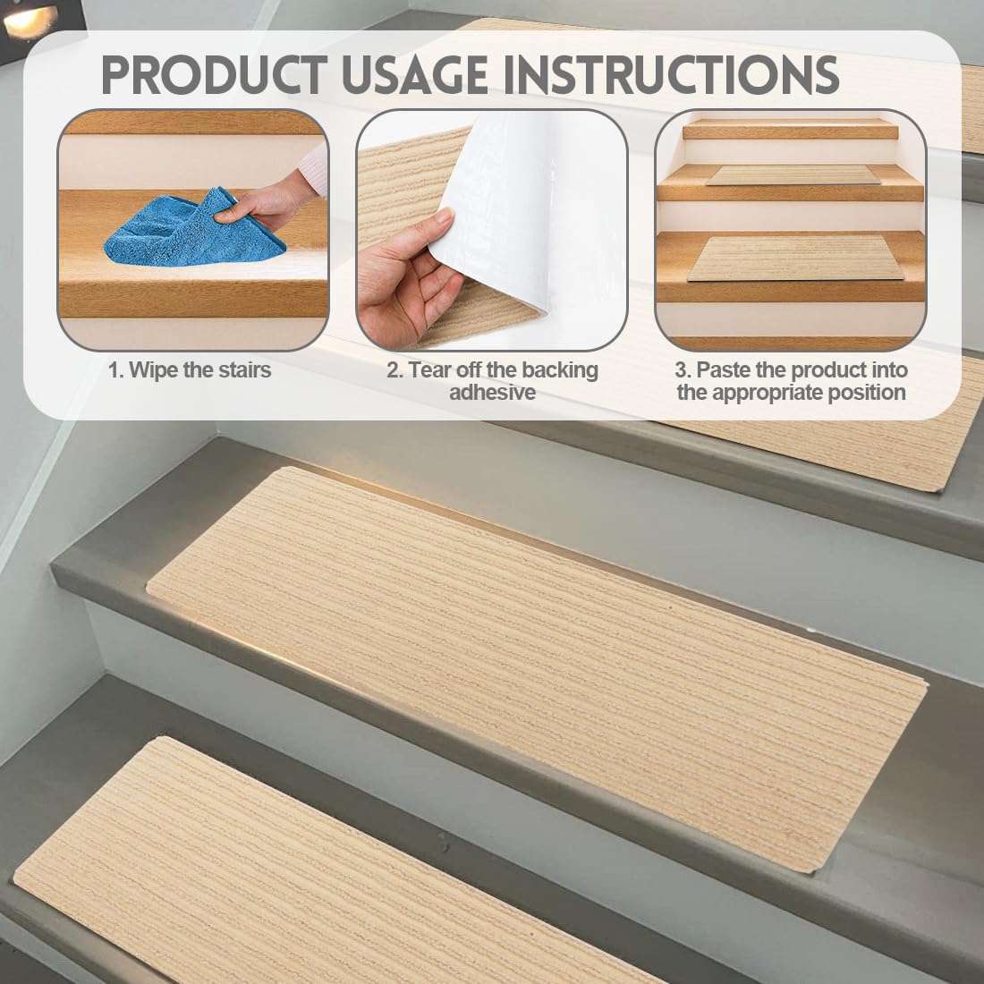 Alfombra para escalones, 15 unidades, autoadhesiva, para interior, lavable a máquina, antideslizante, recortable, reutilizable para proteger mascotas, personas mayores y niños (beige)