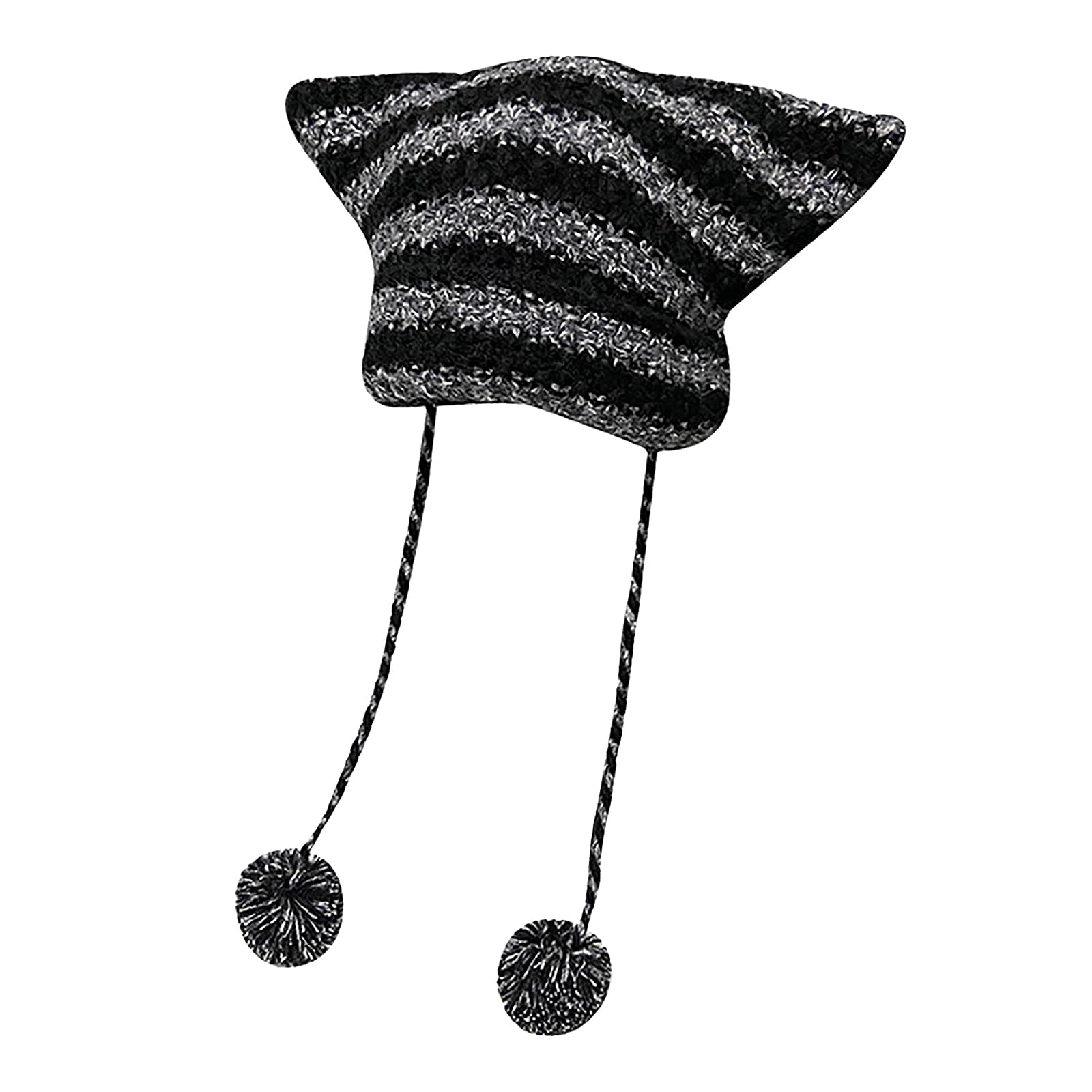 Women's Cat Ear Y2K Beanie - Crochet Knit Stripe Slouchy Hat, Black & Gray, Kawaii Grunge Style - View #8