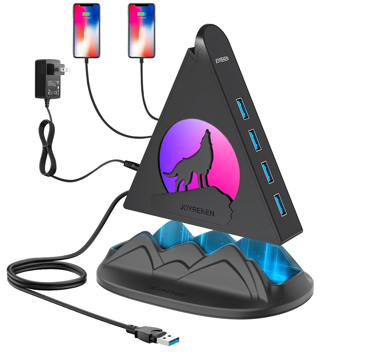 Photo 1 of Powered USB Hub 3.0, 6-Port Hub(4 USB 3.0 Data Ports + 2 Smart Charging Ports) with 48W AC Adapter, RGB Light, Base, Compatible with PC, Laptop, Mac, External Hard Drives, PS4, Fast Charging for Phone