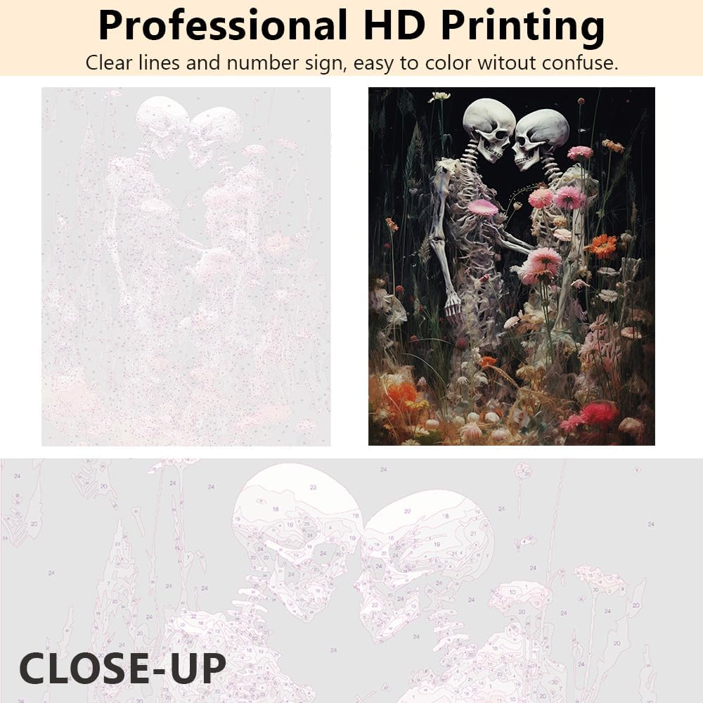 Skeleton Couple Posing with Flowers Acrylic Canvas Paint by Number Kit image 5