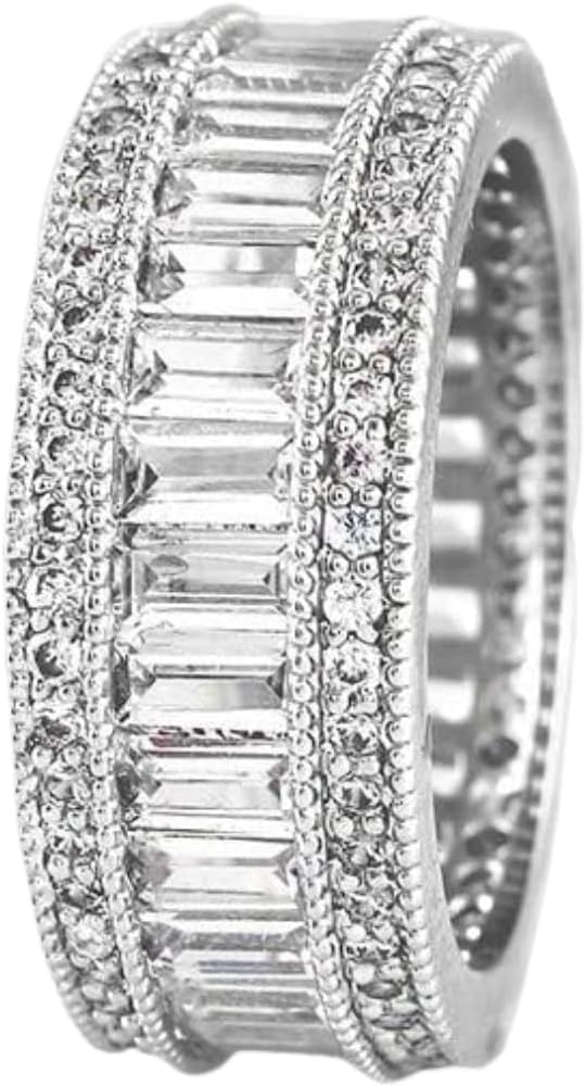 ENDLESSNESS & ETERNITY Full Eternity Hiphop Ring Cubic Zirconia CZs Emerald Cut Ring 14K White Gold Plated Wedding Band Ring
