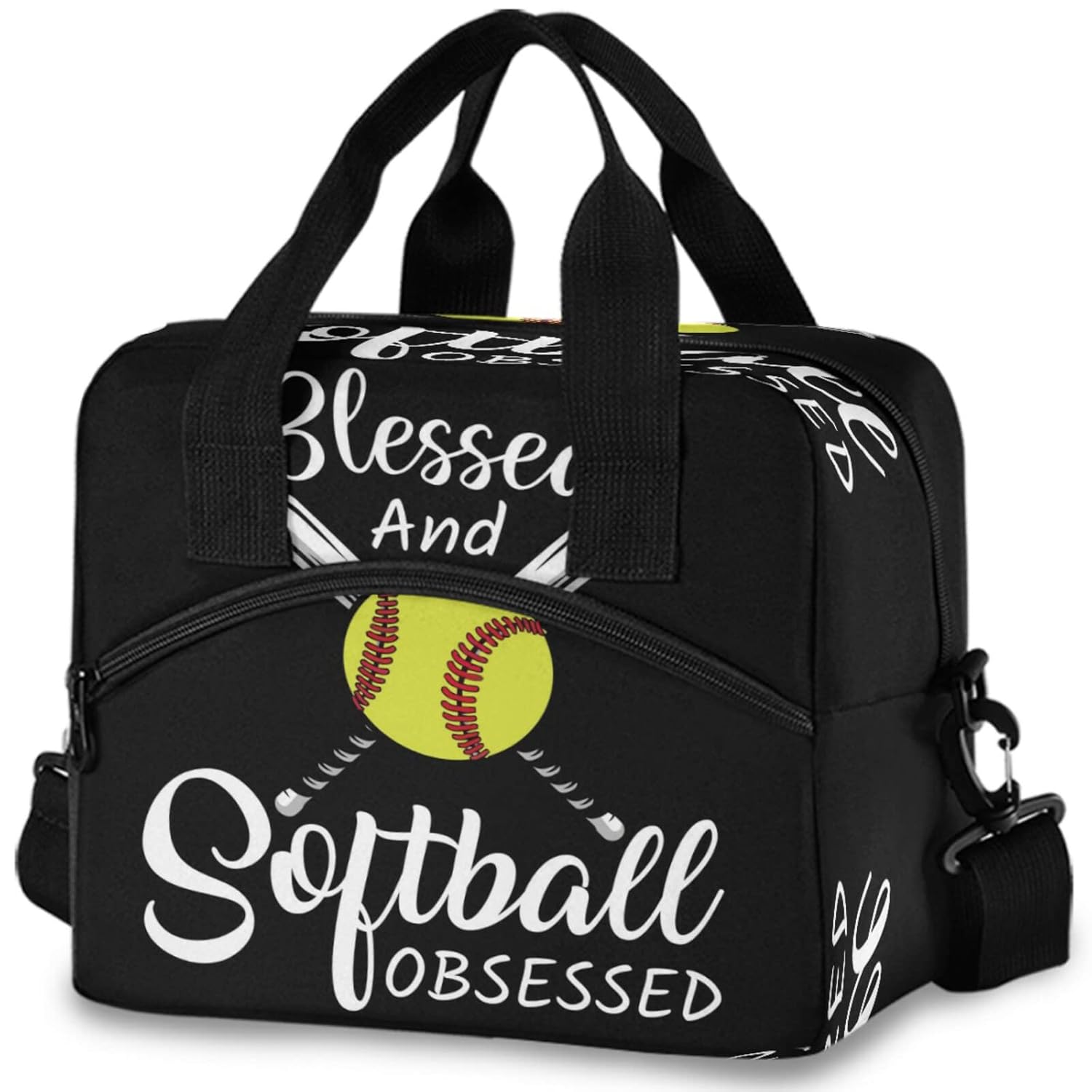 Baseball Black Insulated Lunch Tote Bag Blessed and Softball Obsessed Softball Reusable Cooler Lunch Box with Shoulder Strap