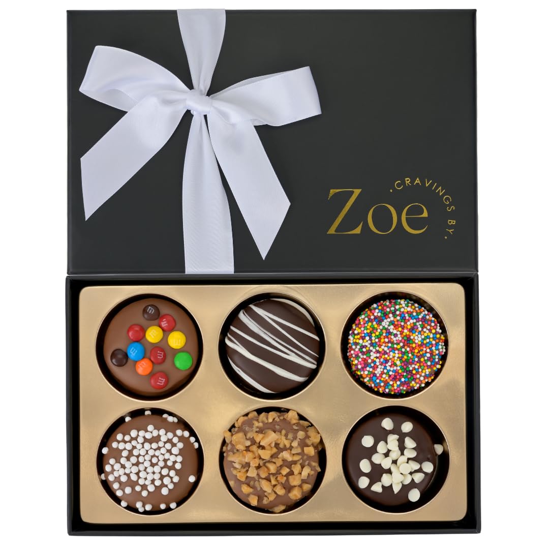 CRAVINGS BY ZOE Birthday Chocolate Covered Cookies Gift Basket | 12 Count | Kosher Milk & Dark Belgian Chocolate Gourmet Food Gift Box | Birthday, Thank You, Candy Gifting Men Women Him Her Mom: 6 PC Black