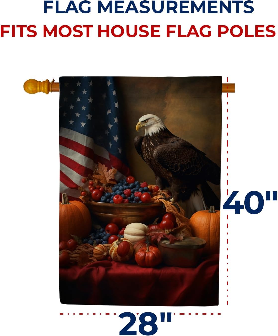 America Forever USA Thanksgiving House Flag, Patriotic Autumn Bounty Fall Flag, Bald Eagle American Farmhouse Outdoor Large Home Decor Double Sided 28 x 40 inch