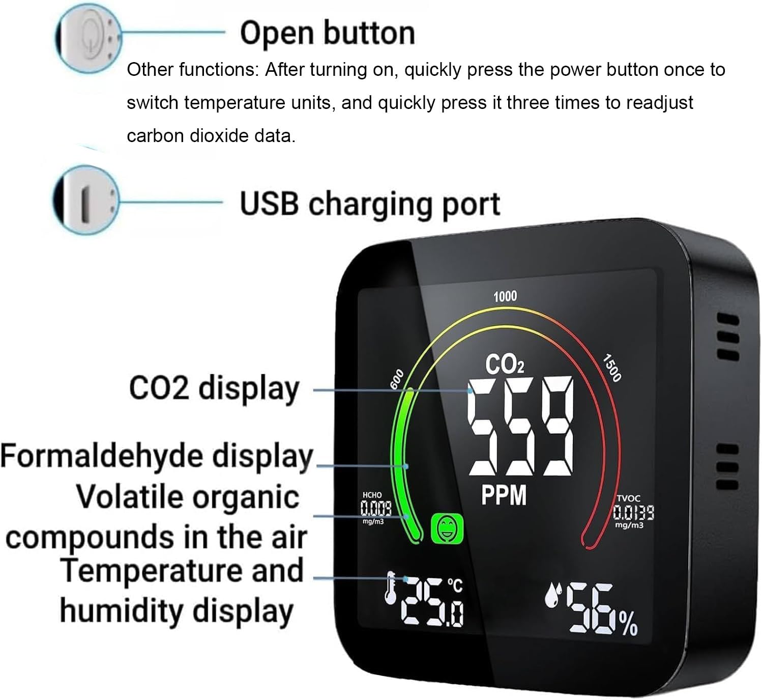 Medidor CO2 Detector CO2 Gas, 5 en 1 Detector de CO2 con Pantalla LED Medidor de Humedad y Temperatura TVOC HCHO Dormitorio Oficina Coche Multi