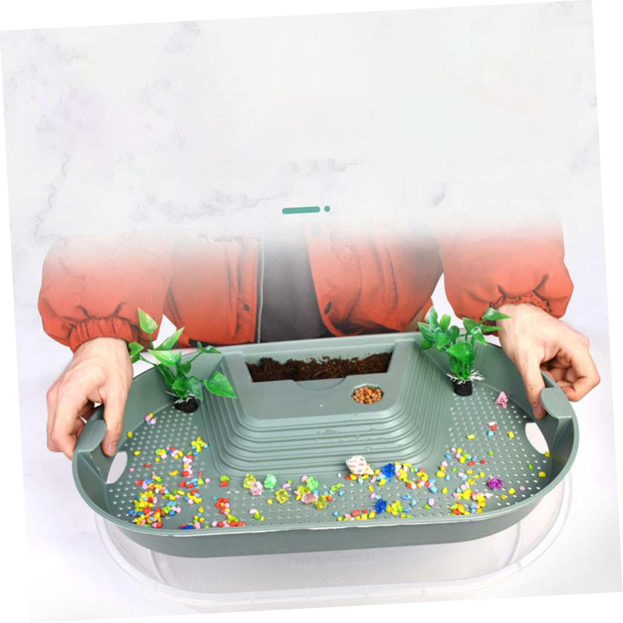 Terrario per Tartarughe in Plastico Verde, con 5 Aree, Piattaforma per Sole e Zona Nuoto, Habitat per Rettili in Casa | Cinque Aree Funzionali, Zona Nuoto e Alimentazione, Struttura con Area Rampicante Antiscivolo