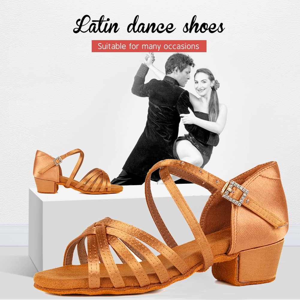 YKXLM Silk Fabric Brown Latin Dance Shoes for Girls Latin Ballroom Dance Shoes Girls with Diamond Buckle,Model US-TL-LP1202-ZSZK, 5.5 M Little Kid