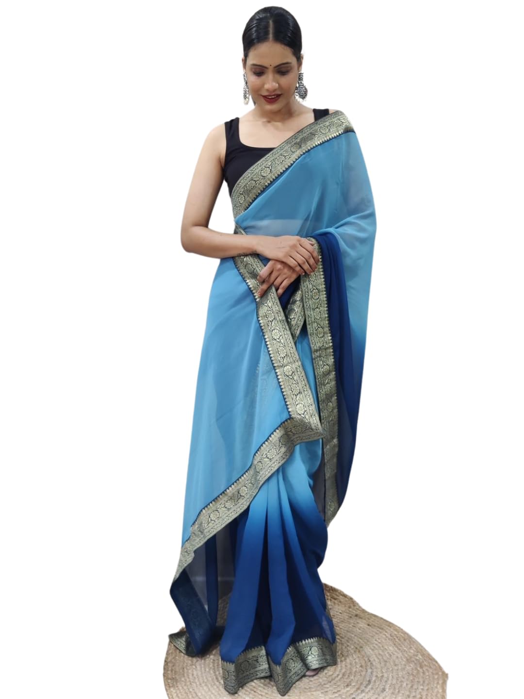 Shiv Textiles Womens Gorgette Less Border Zip And Go Pre-Stitched Saree  Effortless Wear & Comfort : Ready To Wear Saree(Sb-St-R-23-Blue)