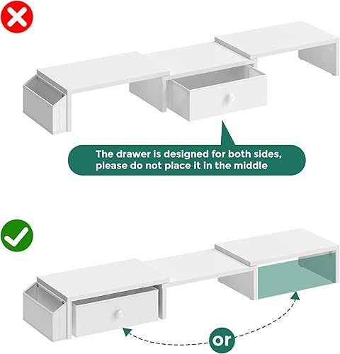 Miniatura 9 de Soporte para monitor doble, longitud ajustable y soporte de monitor de ángulo giratorio, soporte ergonómico para monitor con cajón y bolsillos