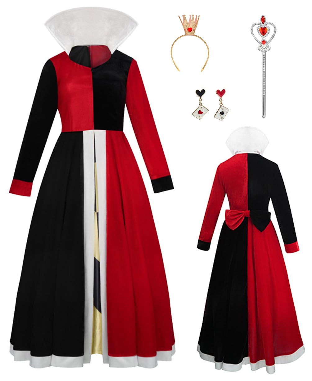 Cnulaueu Womens Heart Queen Pleuche Dress Suit Wonderland Cosplay Costume Halloween Outfit Red Prom Dress Full Set (Red, Small)