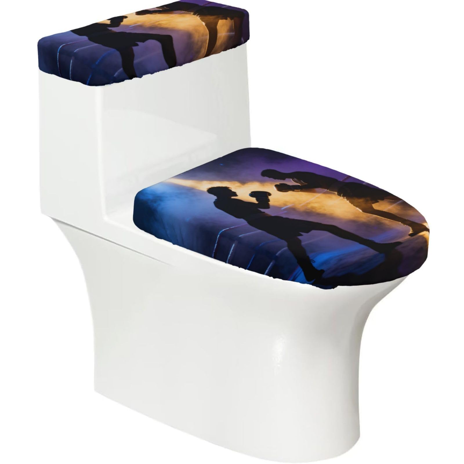 Fog Boxer Silhouette Elastic Toilet Cover Set of 2-Stretchy Lid and Tank Covers for Bathroom, Soft Washable U Shape Toilet Decor