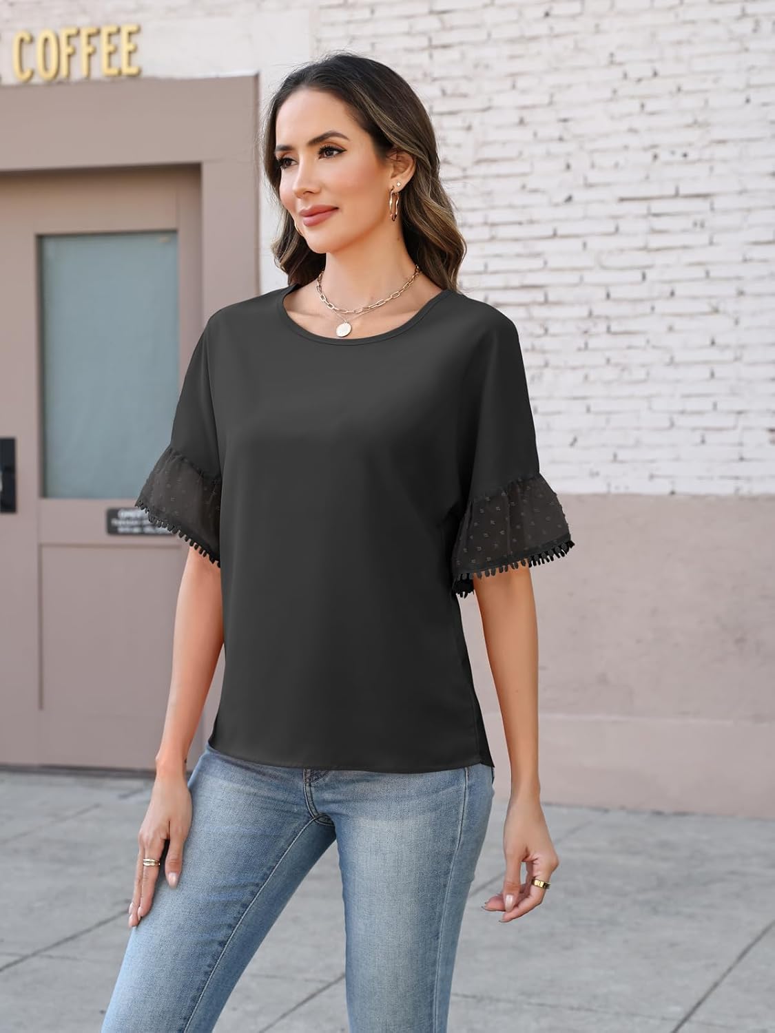 Womens Summer Tops Casual Crew Neck T Shirts Swiss Dot Bell Sleeve Tops Loose Fit Chiffon Blouses Vacation Outfits - Image 4