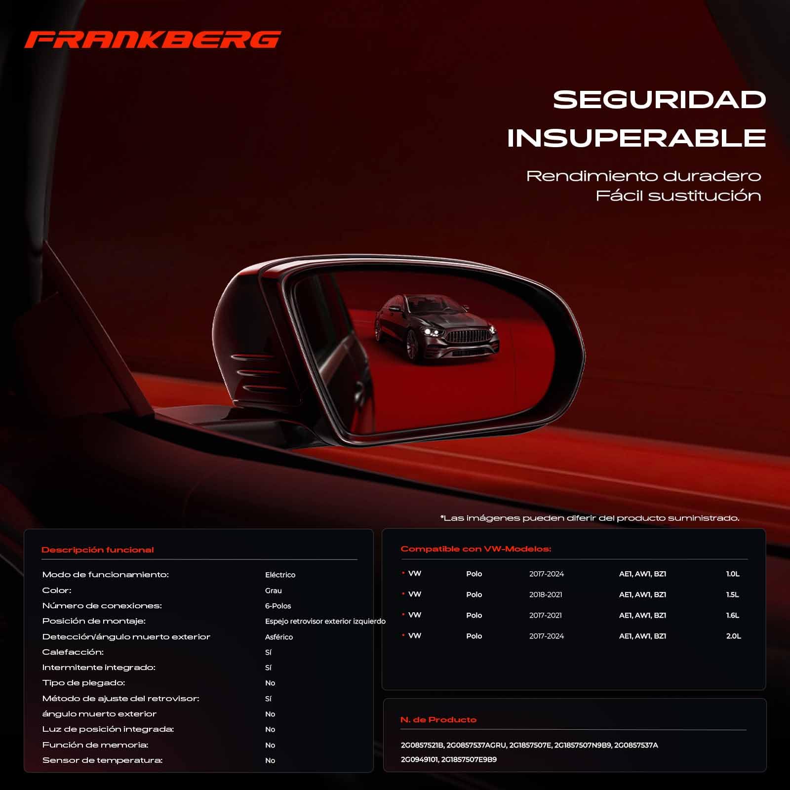 Frankberg Espejo exterior eléctrico izquierdo de 6 Polos 2G0857521B