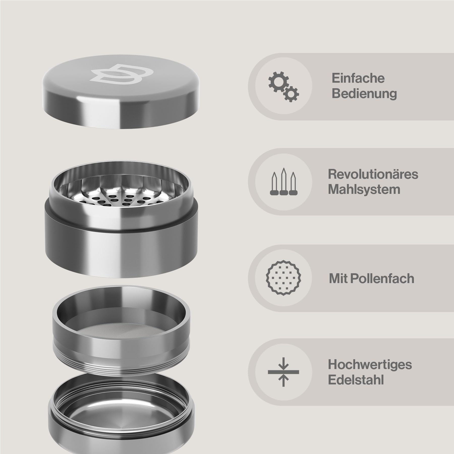 Bloomint Apollo toothless Grinder Edelstahl, 63 mm, 4-Teiliger Premium Grinder zahnlos - Für Kräuter, Gewürze und Herb, Crusher mit Pollenfach
