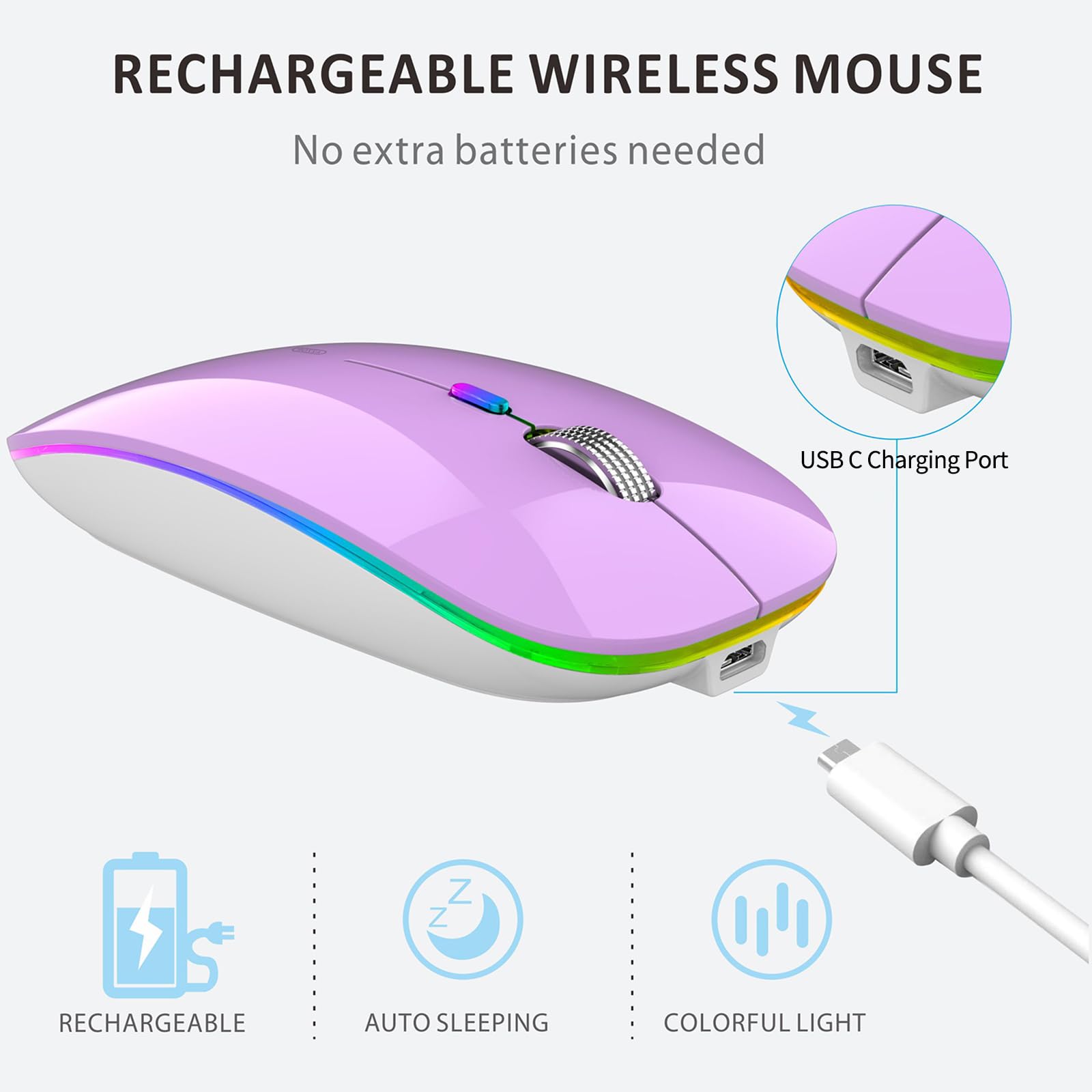 Uiosmuph G12 Mouse Wireless, 2,4 GHz con Ricevitore USB Mouse Senza Fili, DPI Regolabile LED Mouse Wireless Ergonomico for Mac/PC/Laptop/iPad - Purple
