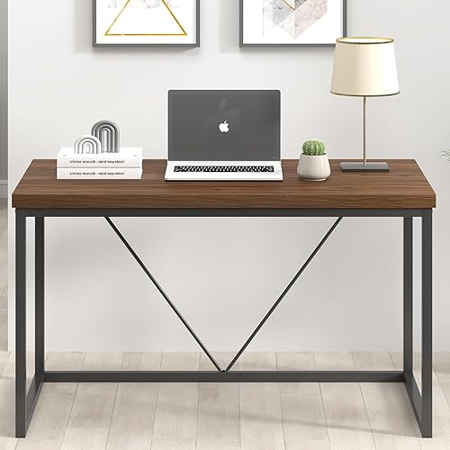 Miniatura 7 de FOLUBAN Escritorio de oficina moderno, escritorios de computadora de madera rústica y metal, mesa de escritura de estudio industrial, escritorio