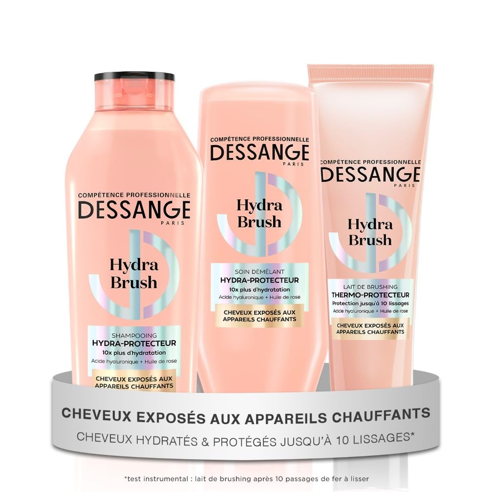 DESSANGE - Routine Cheveux Hydra-Protectrice Hydra Brush - Shampoing 280ml + Après-Shampoing 225ml + Lait Brushing 140ml - Hydrate & Protège La Fibre - Cheveux Exposés Aux Appareils Chauffants