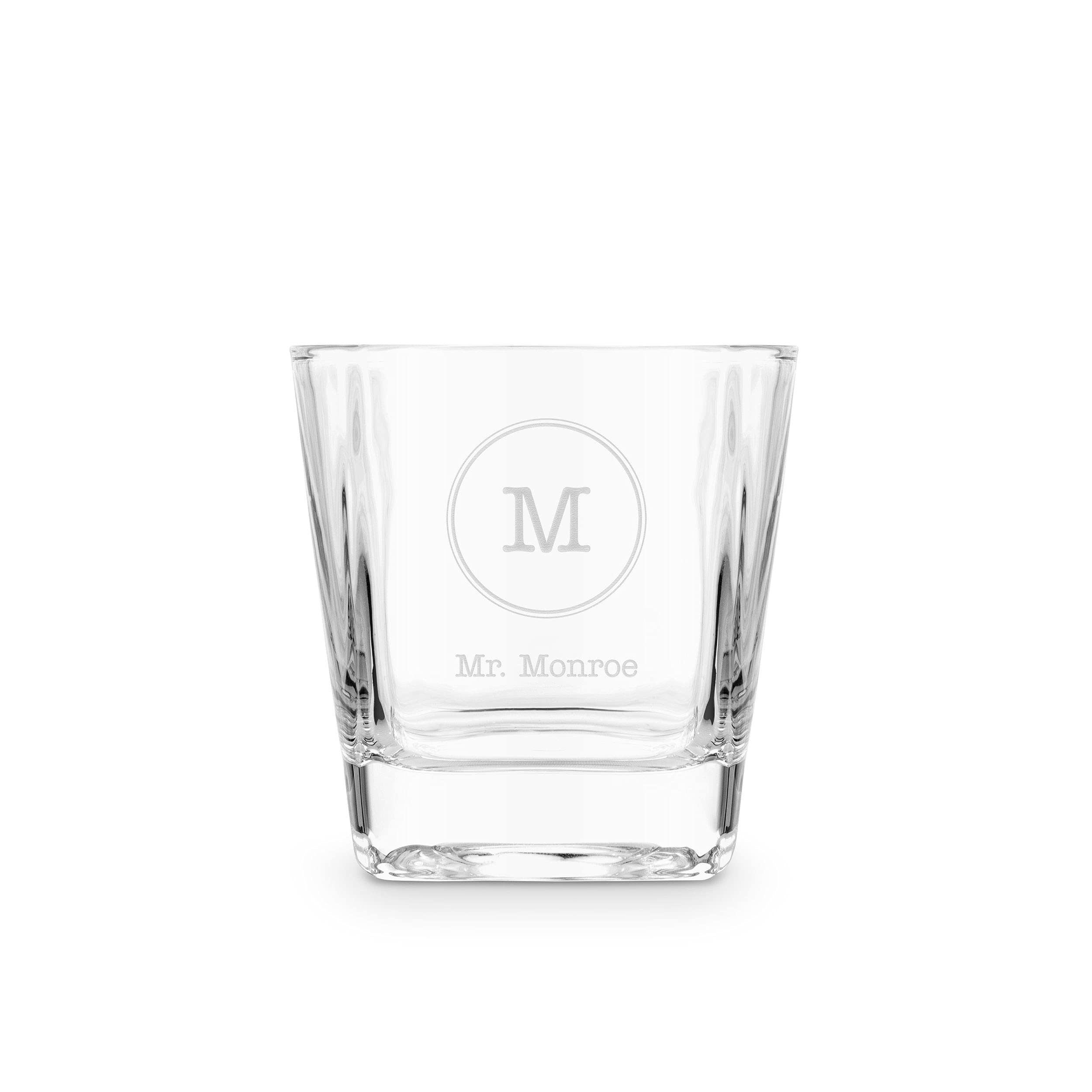 WEDDINGSTAR Custom Square Whiskey Glass 8oz Personalized Engraving - Circle Monogram