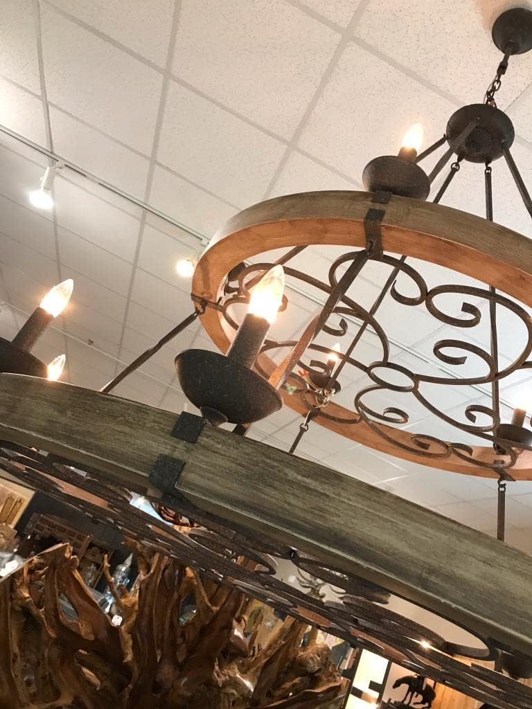 Two-Tier Brown Distressed Wood and Metal Empire Chandelier