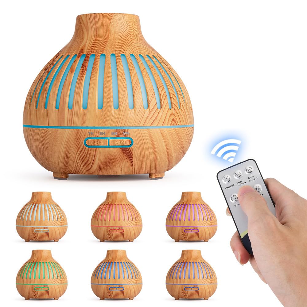 Essential Oil Diffuser, Aromatherapy Diffuser 500ml with Remote Control, 4 Timer & Auto-Off Safety Switch, 7 Color LED Lights Mode, 10 Hours Quiet Humidifier for Bedroom, Office & Home (G.Light Brown)