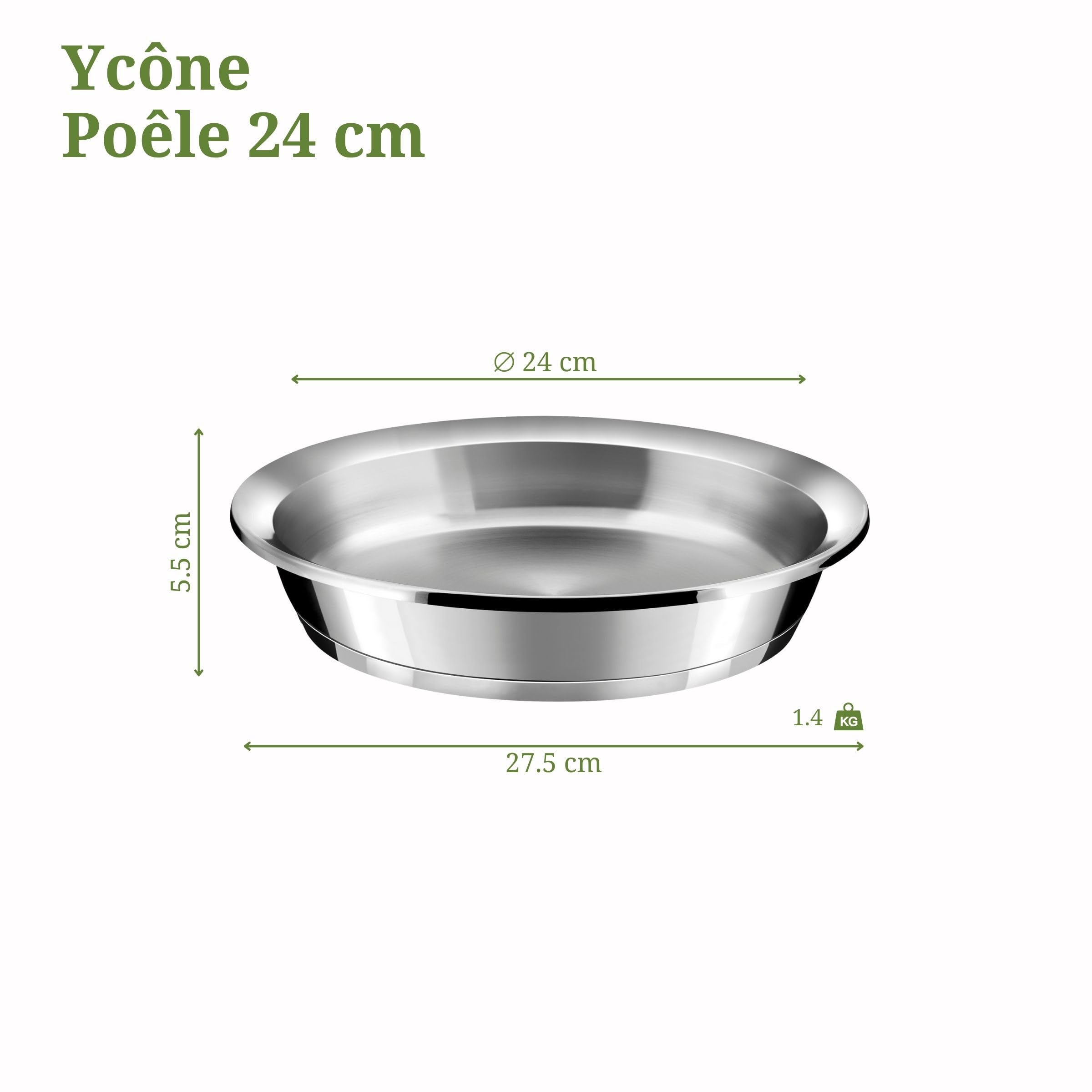 Cuisinox - Ycône - Poêle 24 cm tout inox avec poignée amovible - Fond thermo diffuseur - Compatible tous feux dont induction - Acier Inoxydable 18/1 - Finition miroir - Sans PFOA, PTFE, PFAS