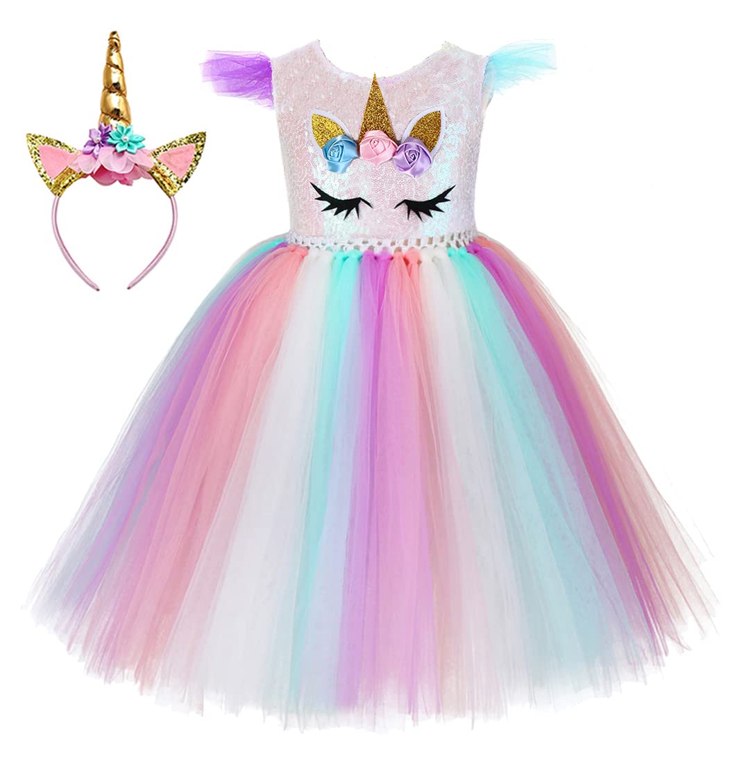 Tutu Dreams 3pcs Unicorn Dress with Headband Wings Sequin Unicorn Costume Birthday Halloween Party Gifts Dress Up Clothes