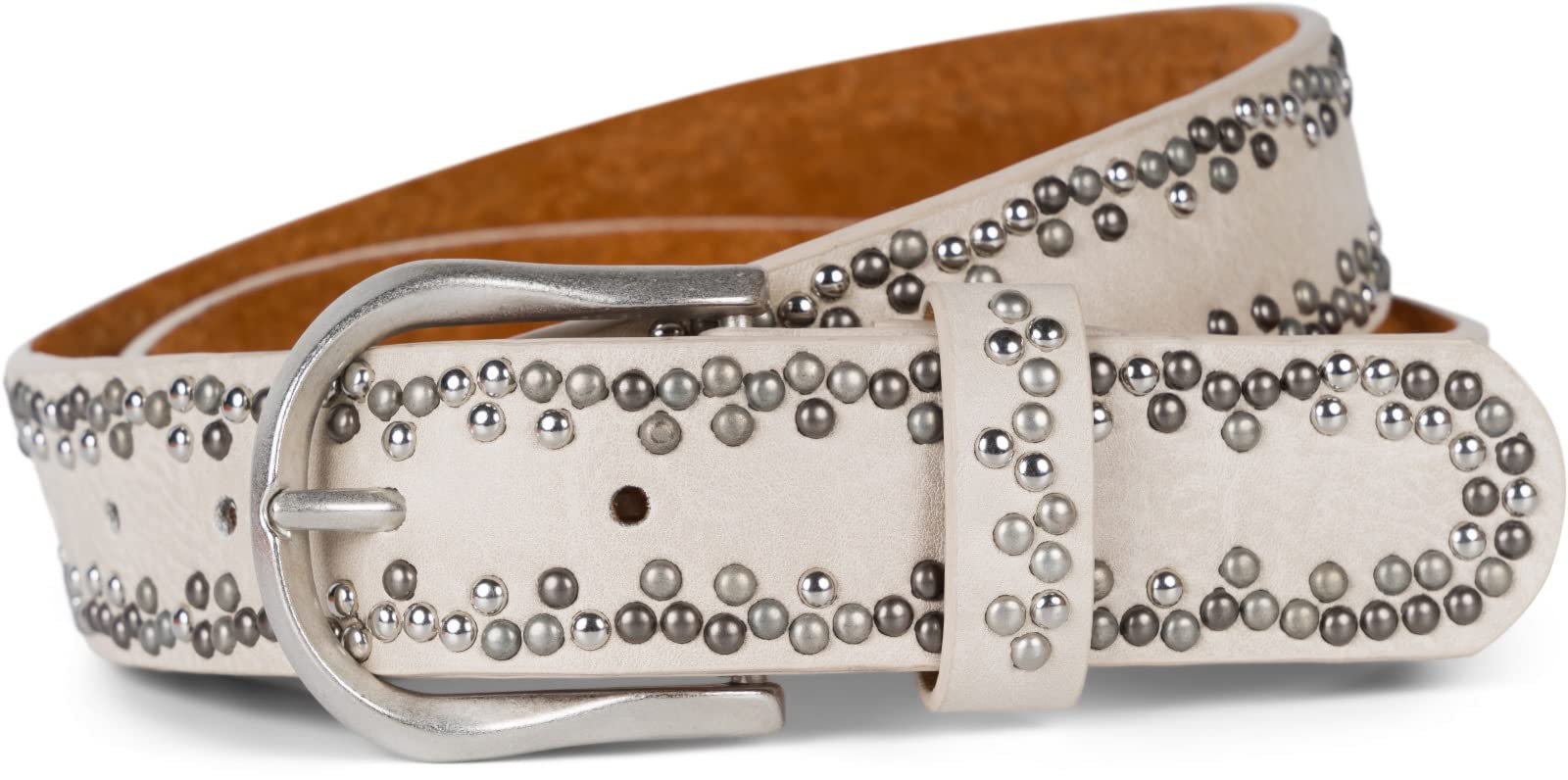 styleBREAKER Studded belt with different coloured small studs, belt, shortenable, unisex 03010071, Colour:Cream-Beige, size:90cm