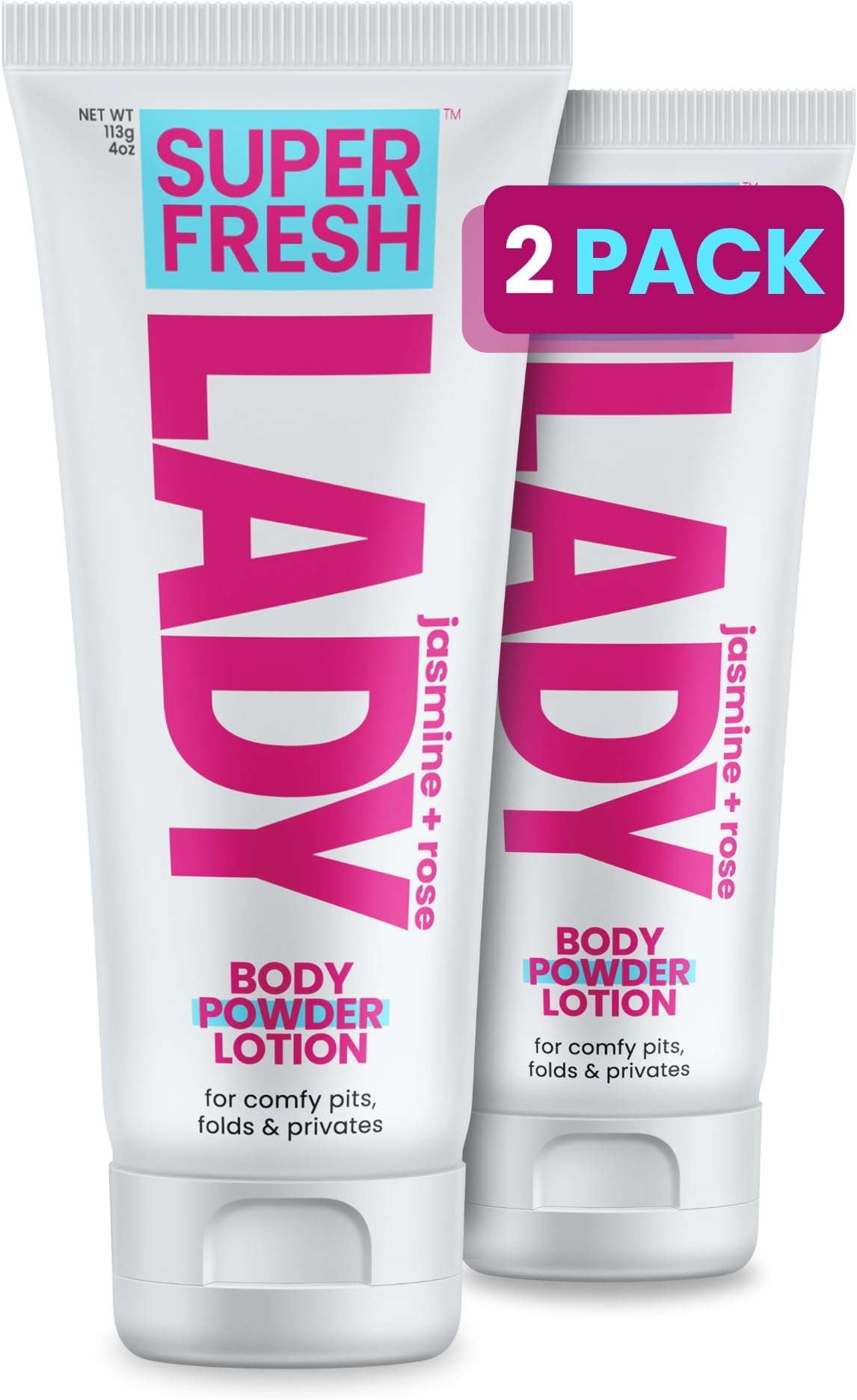 Body Powder Lotion and Deodorant for Women Aluminum Free Powder Cream for Privates Underboob Thighs and Skinfolds Jasmine Rose Scent Feminine Care 2 Pack 4 oz Tubes for Daily Freshness and Comfort