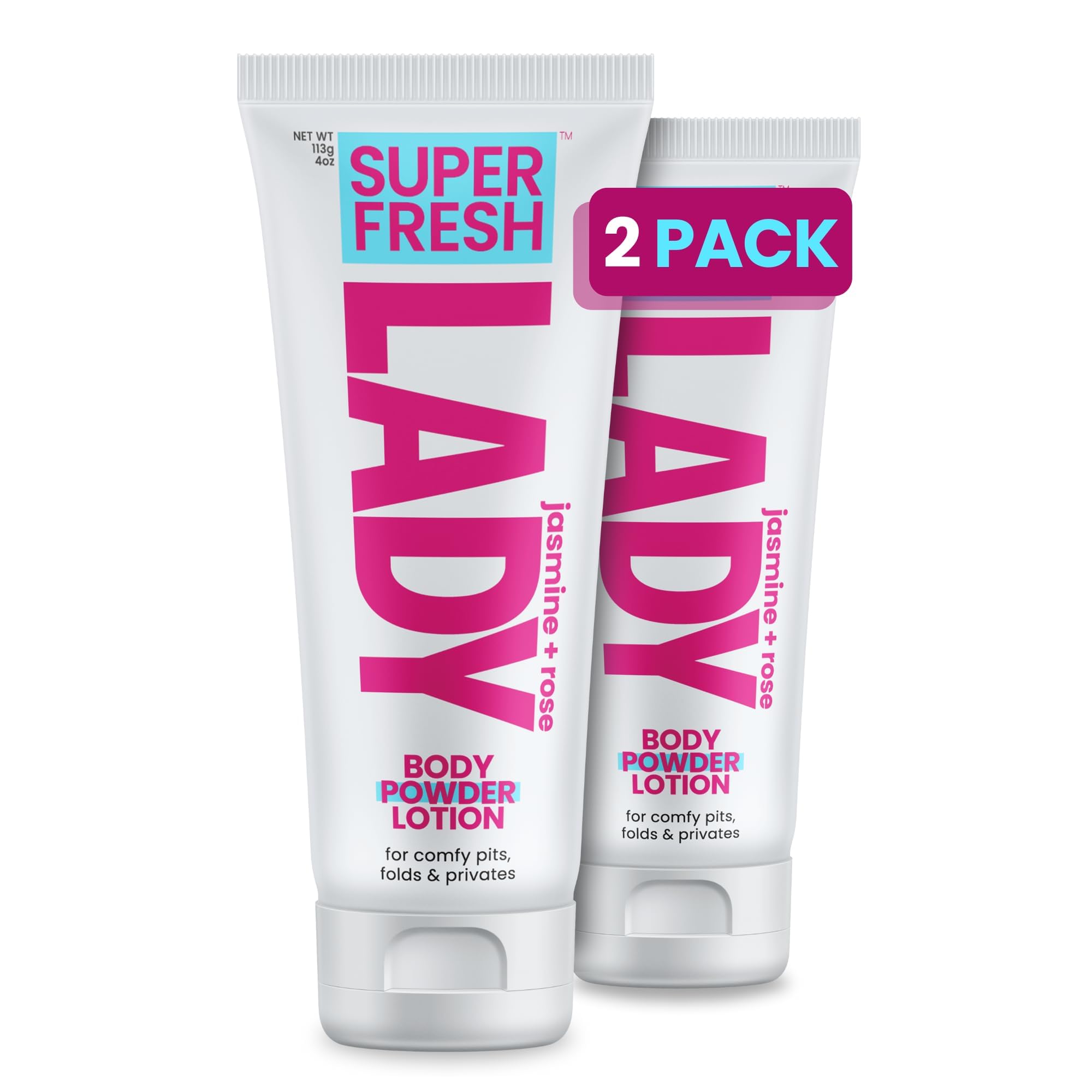 Body Powder Lotion & Deodorant for Women | Powder Cream for Privates & Body for Comfy Lady Parts | Aluminum Free | Jasmine + Rose | 2 Pack / 4oz