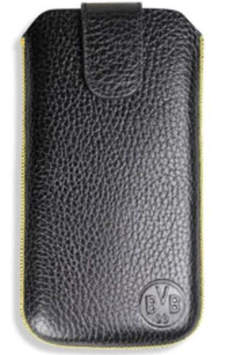 Borussia Dortmund BVB Handytasche aus Leder Gr. M: Schwarz, Unisex, Smartphone-Tasche mit geprägtem Emblem und Reißverschluss