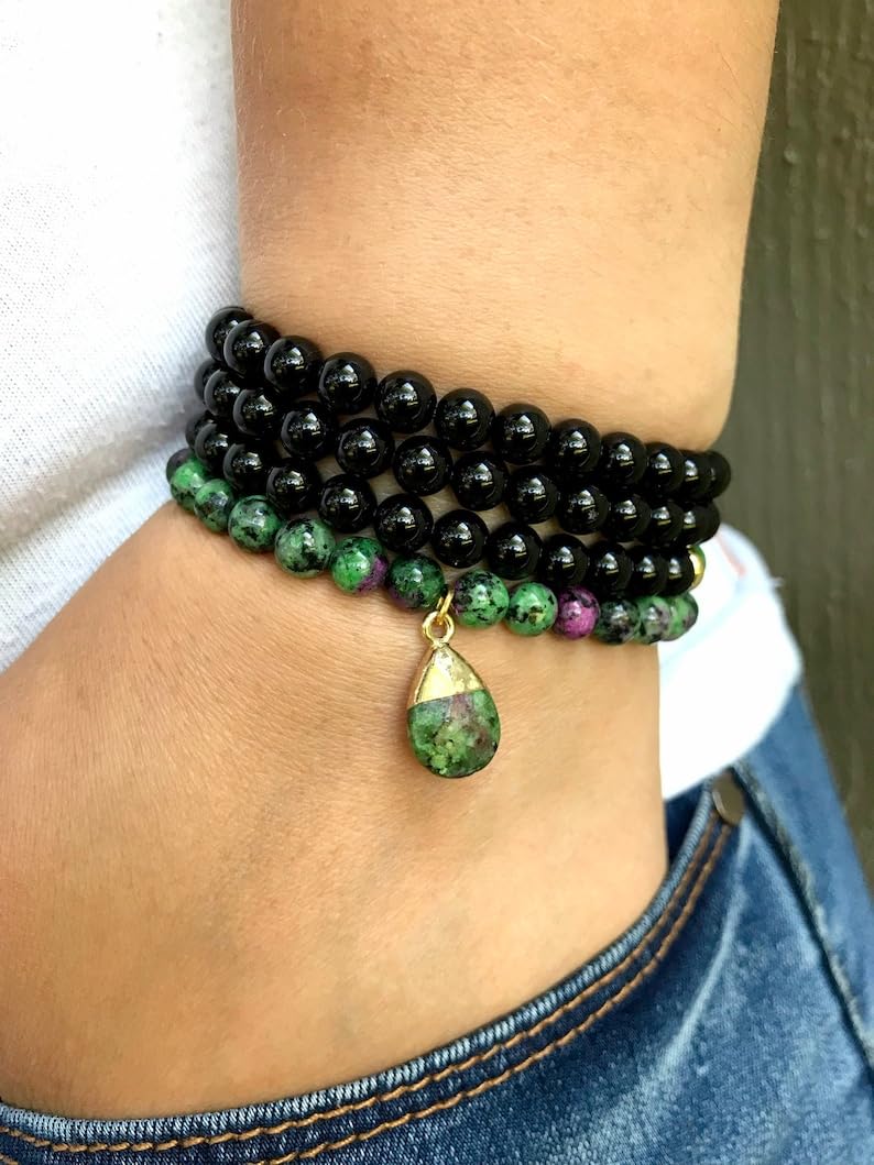 Naturalny rubin w zoizycie (Anyolit) i czarny onyks 6 mm 108 koralików mala, duchowe, koraliki do medytacji, Reiki, Japa Mala, buddyjskie koraliki modlitewne, bransoletka do jogi, koraliki lecznicze