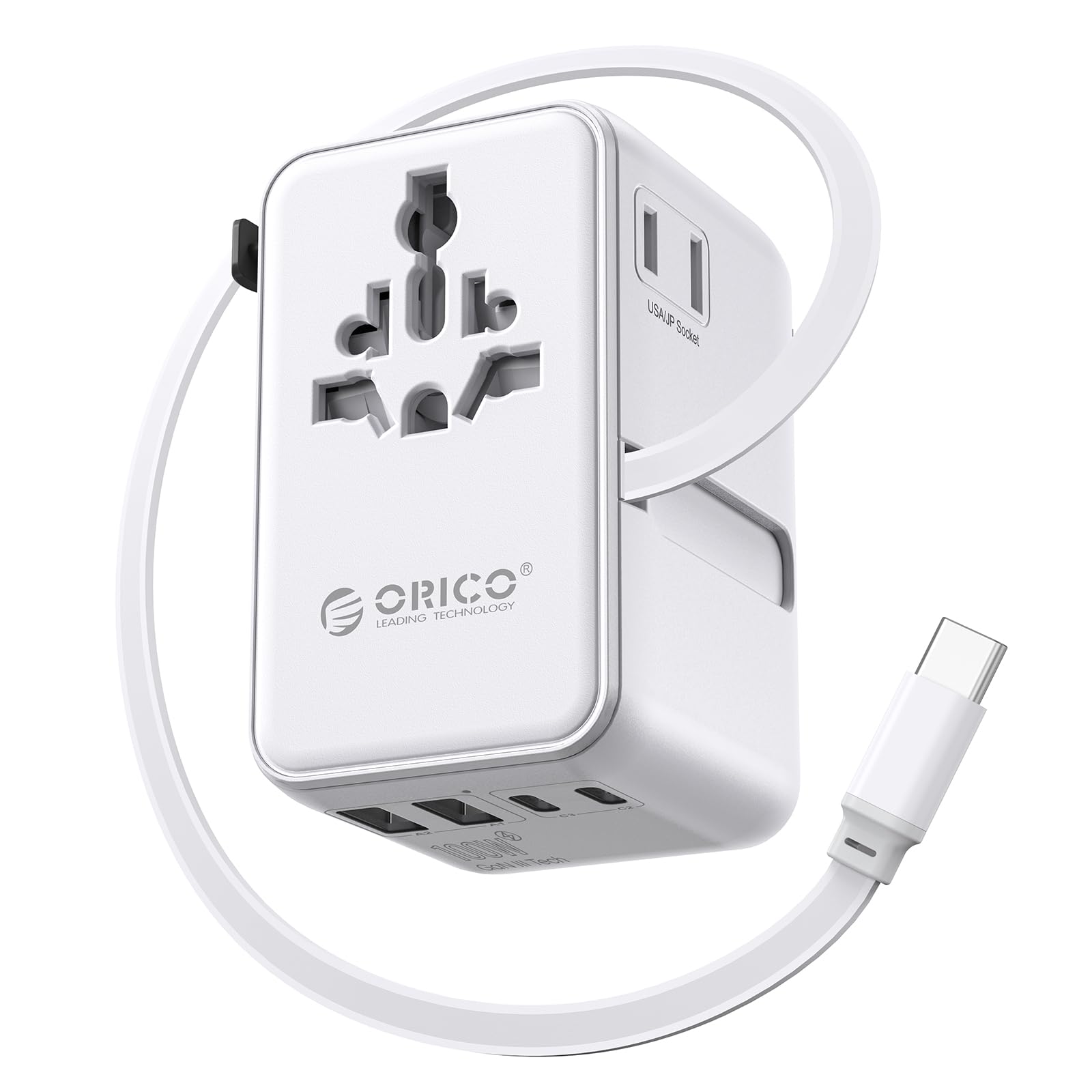 ORICO GAN 100W Adaptador Viaje, Cable Retráctil, 2 Tomas AC + 5 USB, Blanco | Carga rápida para portátiles potentes; compatible en +200 países y regiones; diseño todo en uno; protección seguridad