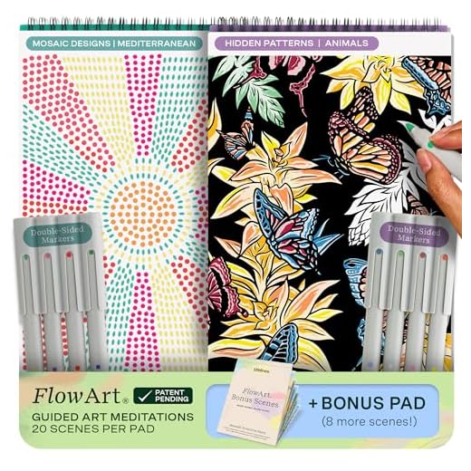 Lifelines FlowArt Activity Pad, 2-Pack & Bonus Pad - Guided Art Meditations with Markers - Mediterranean Mosaic Designs & Animal Hidden Patterns - Coloring Books for Tweens, Adults & Seniors