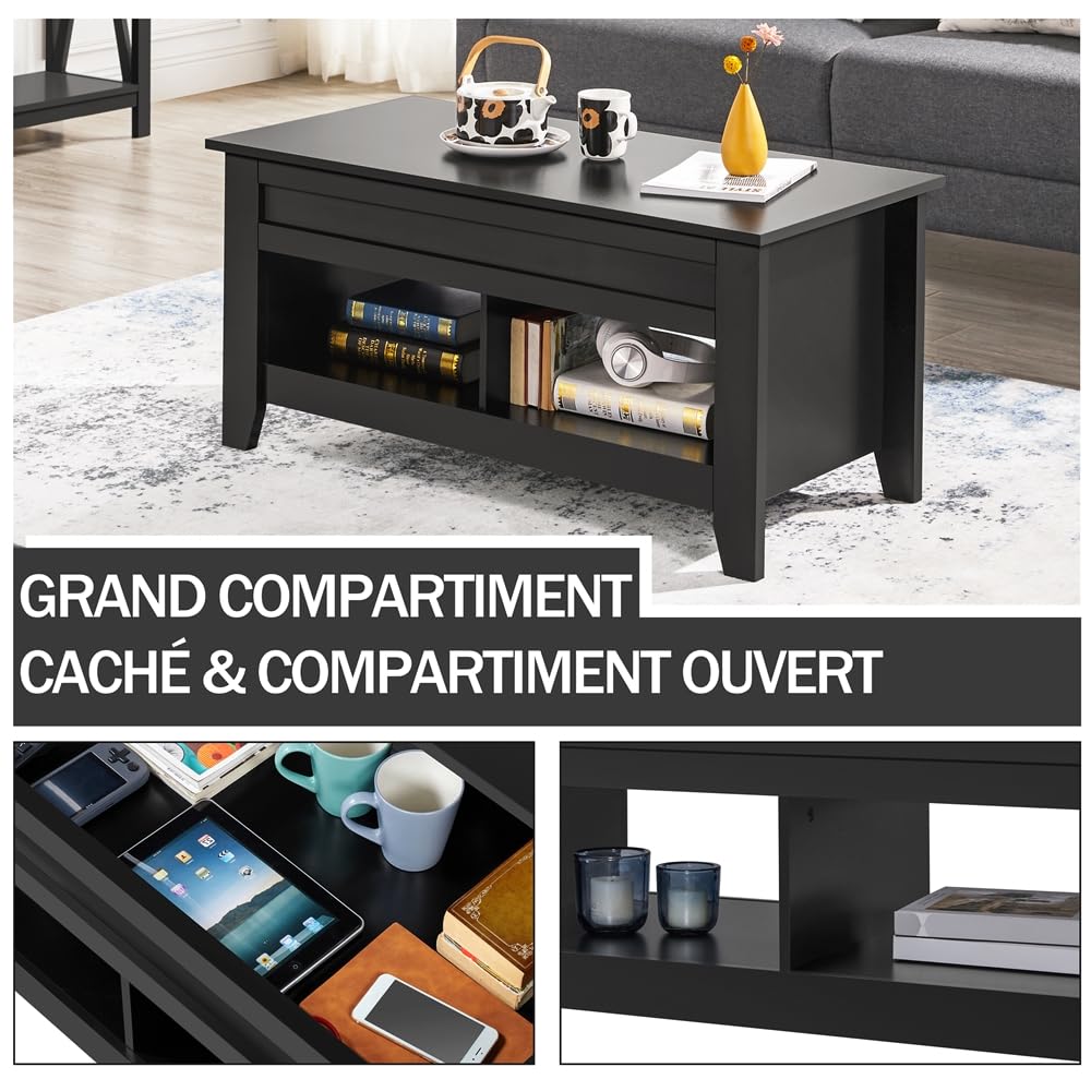 Yaheetech Table de Basse Relevable avec Plateau relevable, Table de Salon Fonctionnelle avec Deux Compartiements Caché, Design Moderne en Bois MDF 104 x 49 x 49/61 cm Noir