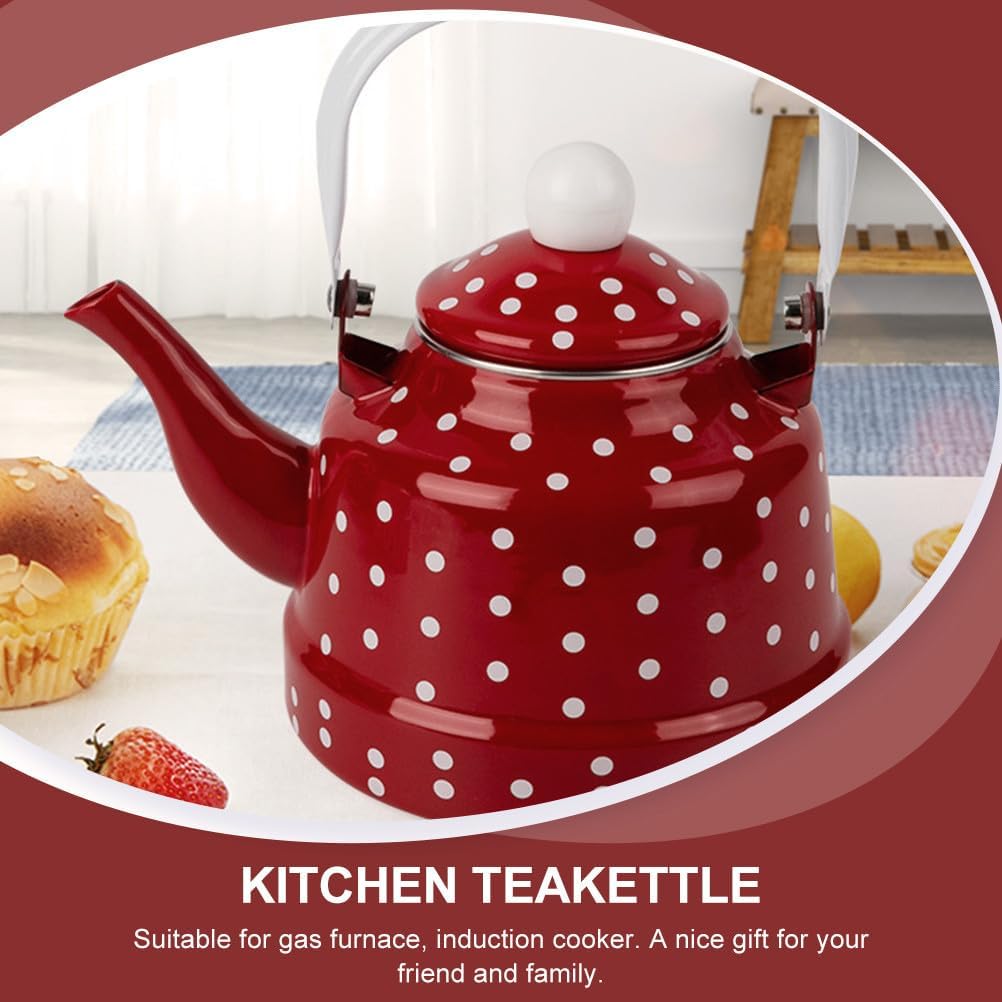 Toyvian Red Enamel Tea Kettle: 1. 1 Quart Heating Hot Water Kettle, Kitchen Stovetop Polka Dot Enamel Teapot with Handle for Gas, Electric And Induction