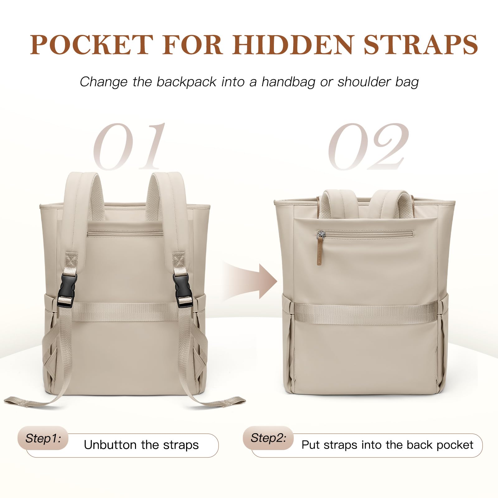 Sac à Dos Ordinateur Portable Femme 16 Pouces, Elegant Antivol 2 en 1 Sac à Main à Bandoulière Sac a Dos PC Portable pour College Loisir Voyage Affaire Travail, Abricot