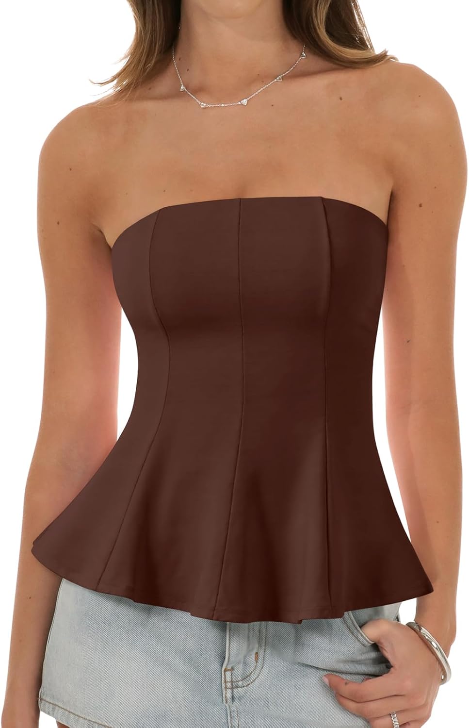 PINKMSTYLE Women Strapless Tube Top Slim Fit Double Lined Peplum Tank Tops Trendy Backless Y2K Going Out Summer Top - Image 2