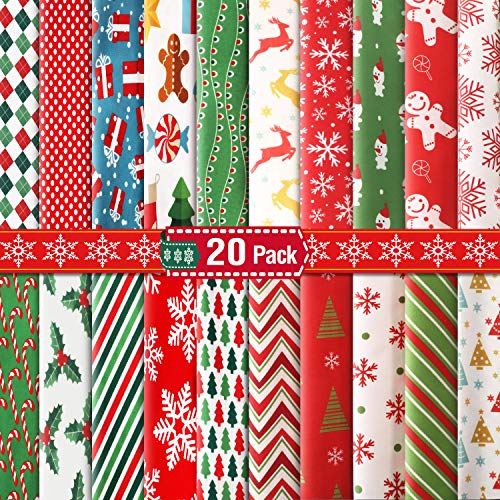 20 Paquetes de Tela de Algodón Navideña de 10 x 10 Pulgadas (25 x 25 cm) Cuadrado de Coser Patchwork de Árbol de Navidad Retal de Tela Impresa de Copo de Nieve Precortado para Costura de Navidad DIY