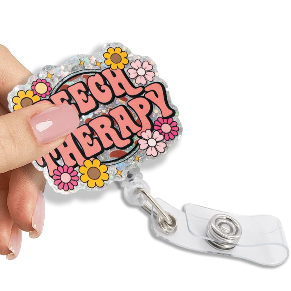 Pishovi Speech Therapy Glitter Retractable Reel ID Card Clip, Funny Flower Badge Holder For Speech TherapyDoctor Nurse MA, Graduation Gifts For Speech