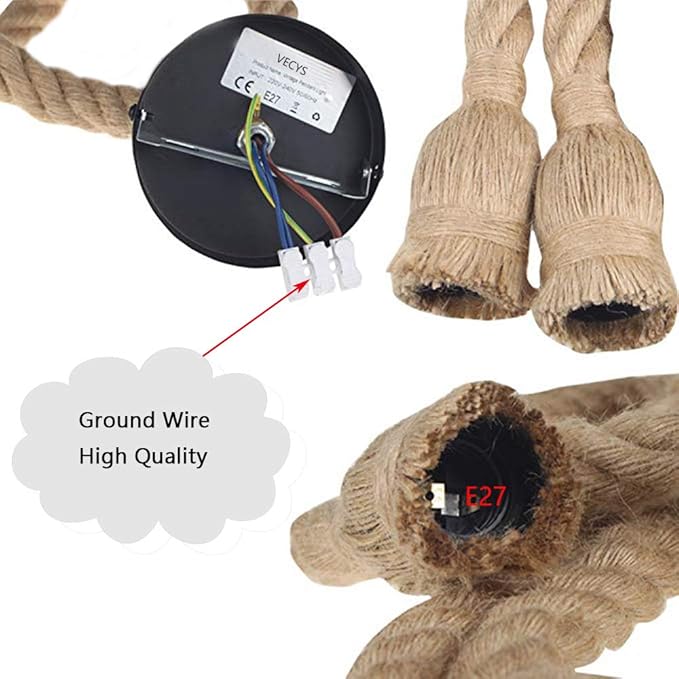 Vecys Vecys Dubbele Kop Henneptouw Hanglamp, Vintage Touw Lampen Henneptouw Touw Lamp Voor Café Restaurant Bar, Etc (200cm) photo 3