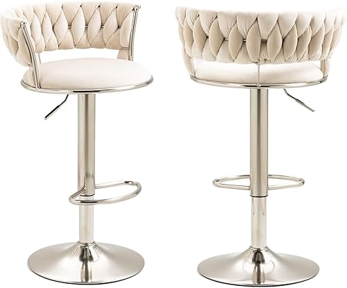 Kakotito Taburetes de bar giratorios de terciopelo de 360 con respaldo bajo y reposapiés, taburetes de bar ajustables, taburete de bar plateado